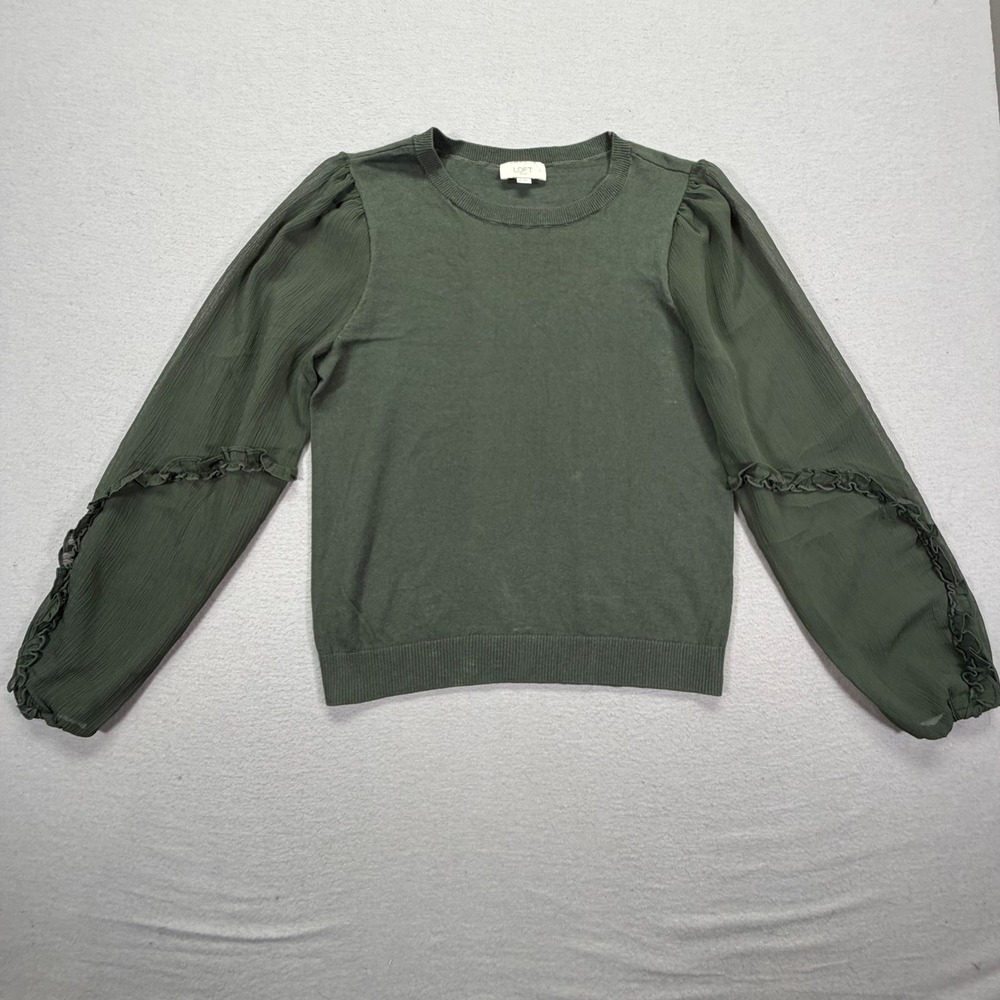 Loft Sweater Womens Small Good Green Chiffon Ruffle Sleeve Mixed Media Crewneck